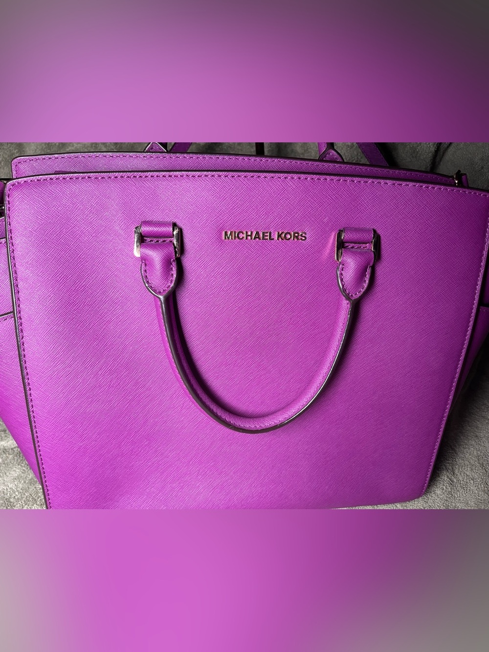 Michael Kors Purple Saffiano Leather Satchel with Gold Hardware